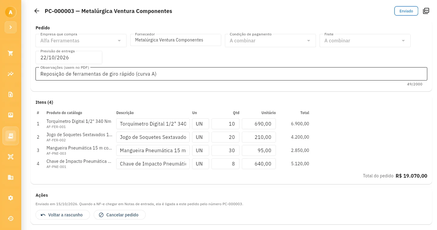 Pedido de compra enviado na Plataforma WT: fornecedor, previsão de entrega, observação que sai no PDF, quatro itens ligados aos produtos do catálogo com quantidade, preço unitário e total, e as ações de voltar a rascunho ou cancelar.