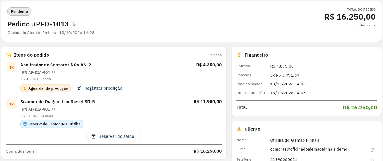 Detalhe de um pedido na Plataforma WT: um item aguardando produção com o botão Registrar produção, outro reservado no estoque, o financeiro com entrada e parcelas e os dados do cliente.
